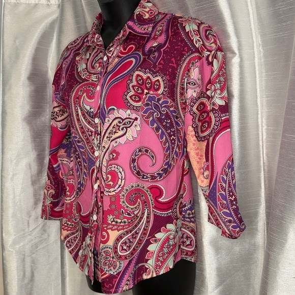 Gomorn Paisley Pink Barbiecore Button Up Long Sleeve Stretch Blouse Women’s M - Picture 4 of 6